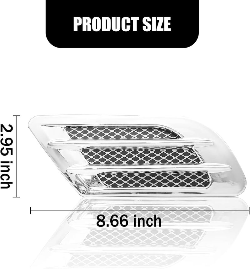 ZKFAR 2 PCS Engine Hood Air Vent Outlet Cover Trim, Car Side Mesh Vent Sticker, 8.6" x 3" Shark Gills Decorative Air Vent, Universal for Most Cars (Silver Plating) - Image 2